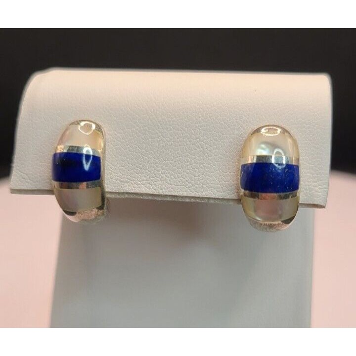Cna Sterling Silver Lapis & Mother Of Pearl Huggie Earrings 925 .5